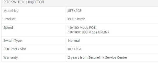 SECURELINK POE SWITCH 8 PORT (8 NORMAL + 2 GIGA UPLINK)